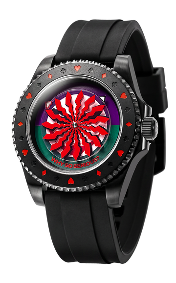 The Joker Madness angled view, card-suit bezel and black silicone strap