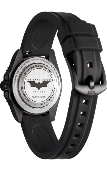 The Joker Madness caseback engraved with the Batman logo, black strap