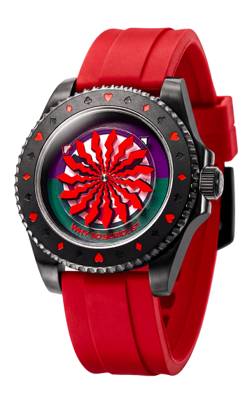 The Joker Madness angled view on a red silicone strap