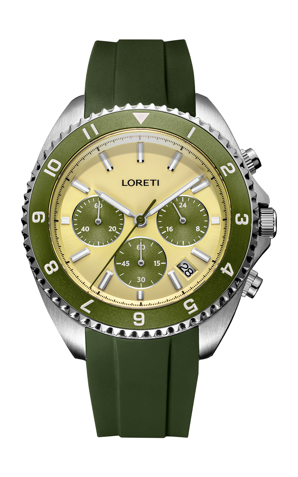 Ascari Tuscany chronograph front view on the olive green rubber strap