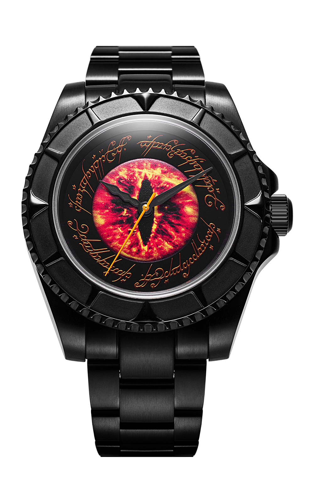 Sauron The Dark Lord automatic front view, red Eye of Sauron dial on a black steel bracelet