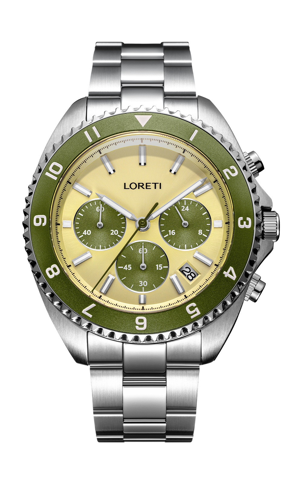Ascari Tuscany chronograph front view, ivory cream dial and olive green bezel, on a stainless steel bracelet
