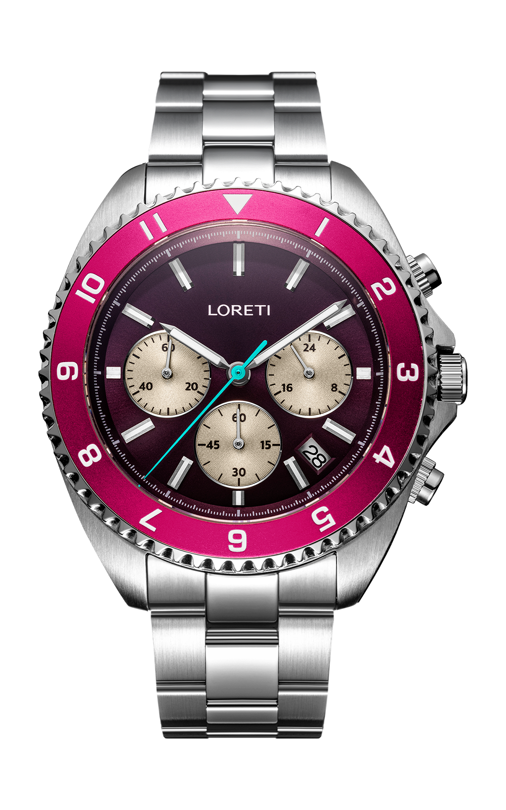Ascari Mexico chronograph front view, plum dial and fuchsia bezel, on a stainless steel bracelet