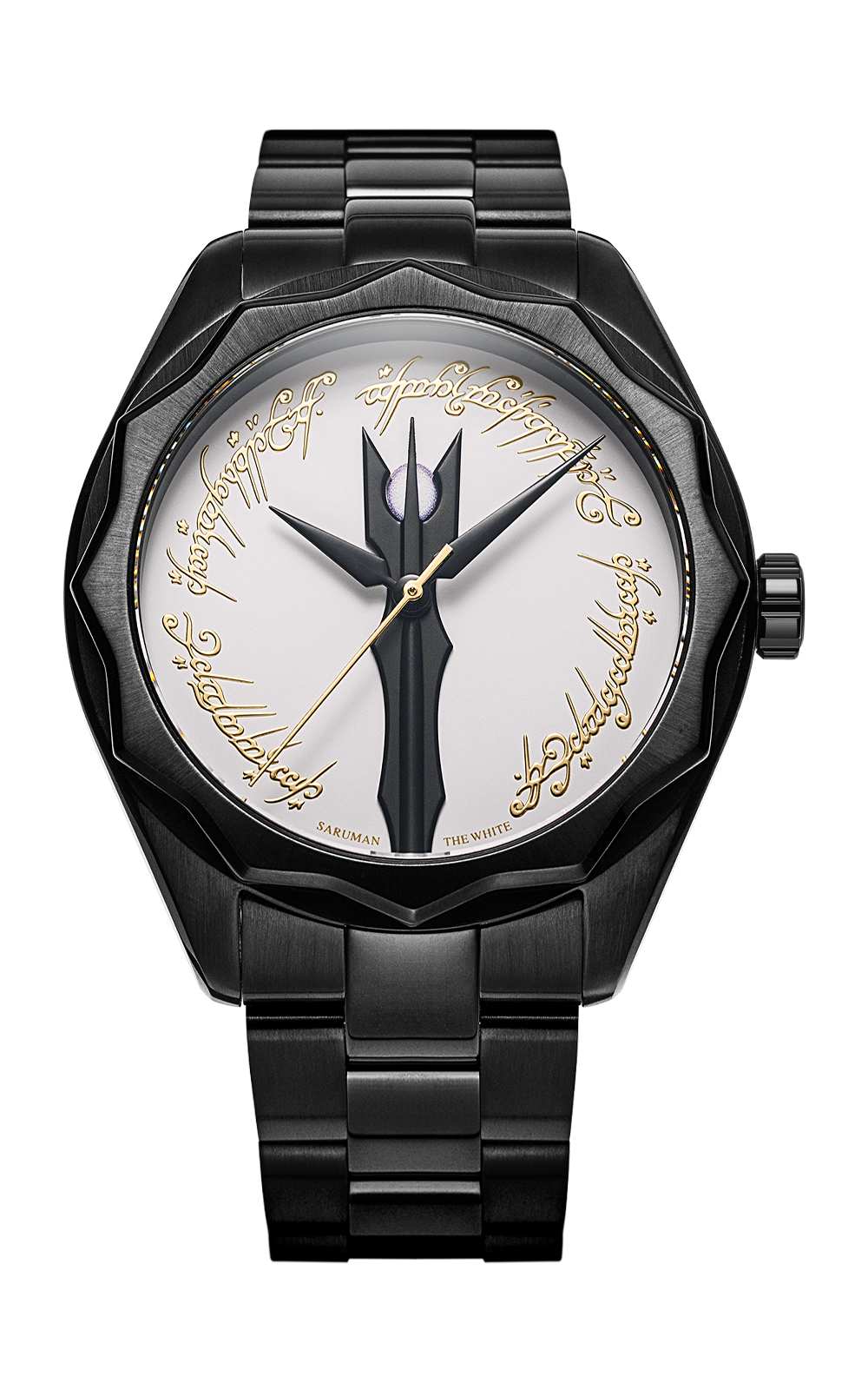 Saruman The White automatic front view, white dial with black Tower of Orthanc and gold ring script on a black bracelet