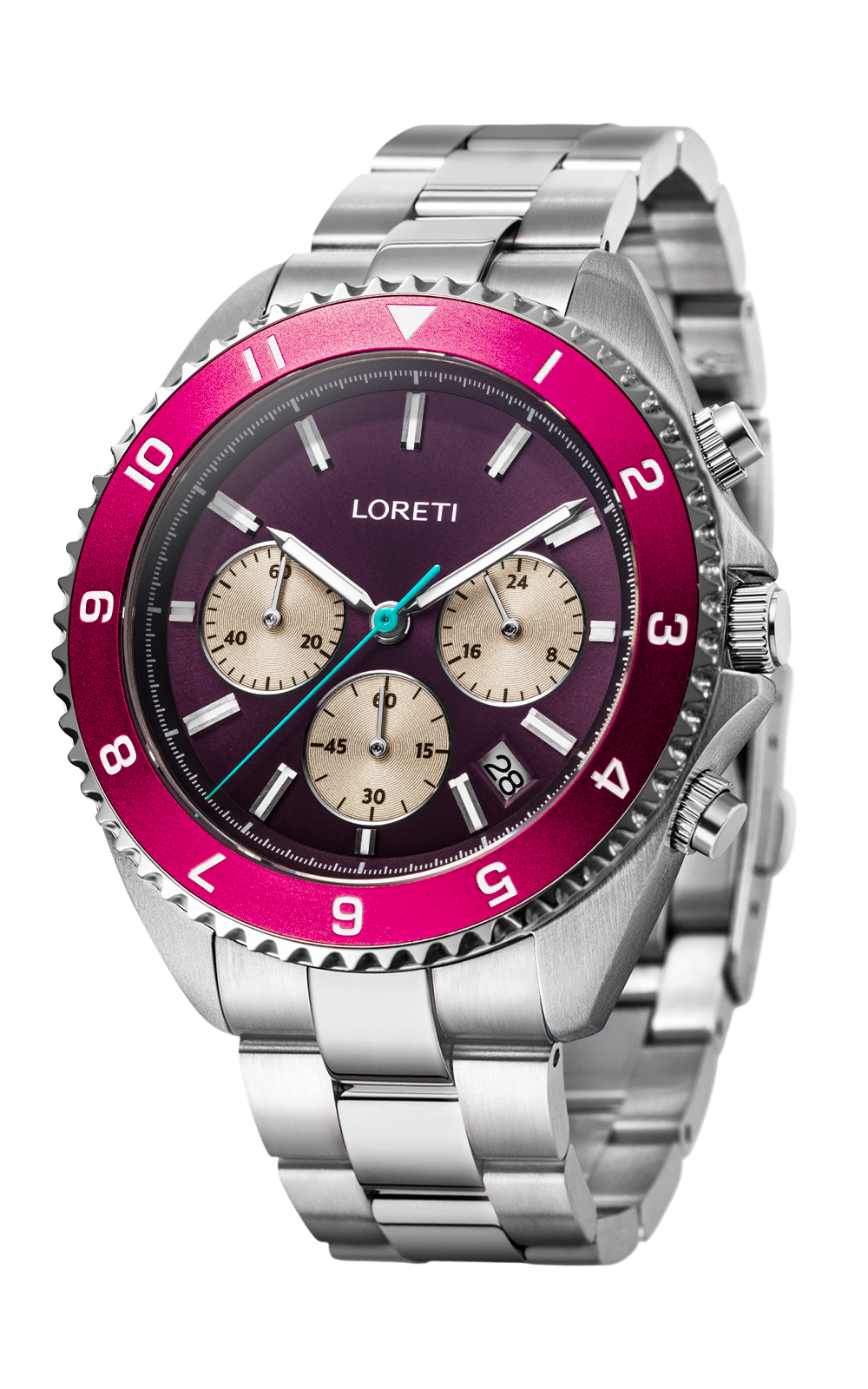 Ascari Mexico chronograph angled view on a stainless steel bracelet