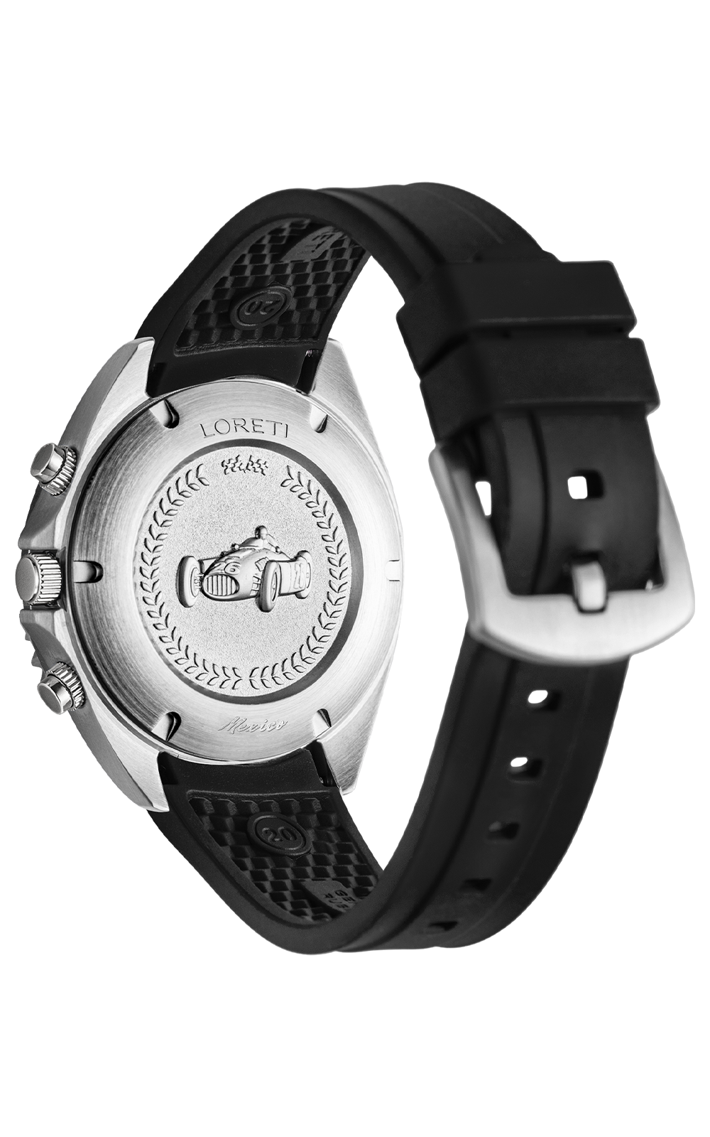 Ascari Mexico caseback with the black rubber strap