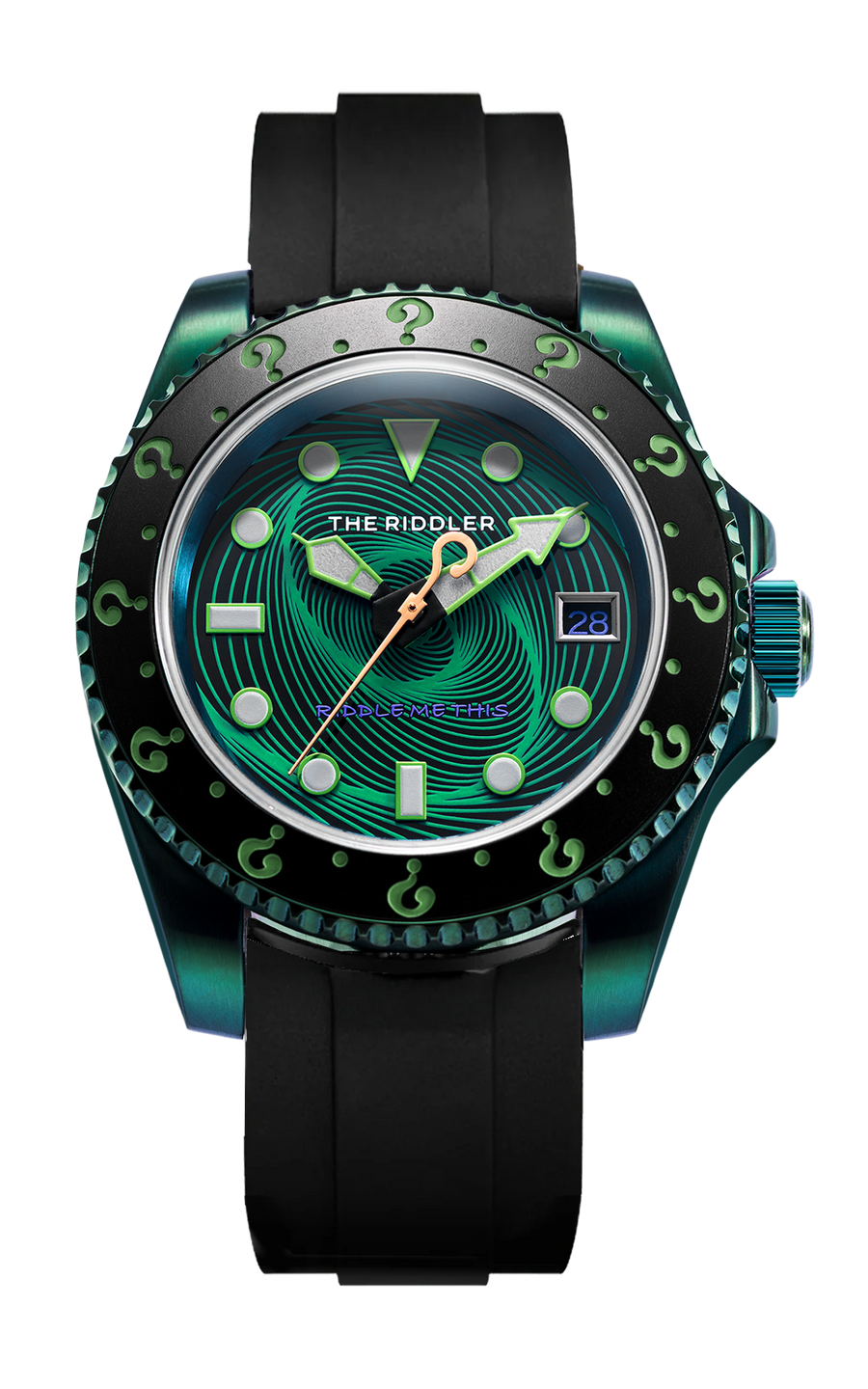 The Riddler watch front view, green spiral dial and question-mark bezel on a black silicone strap