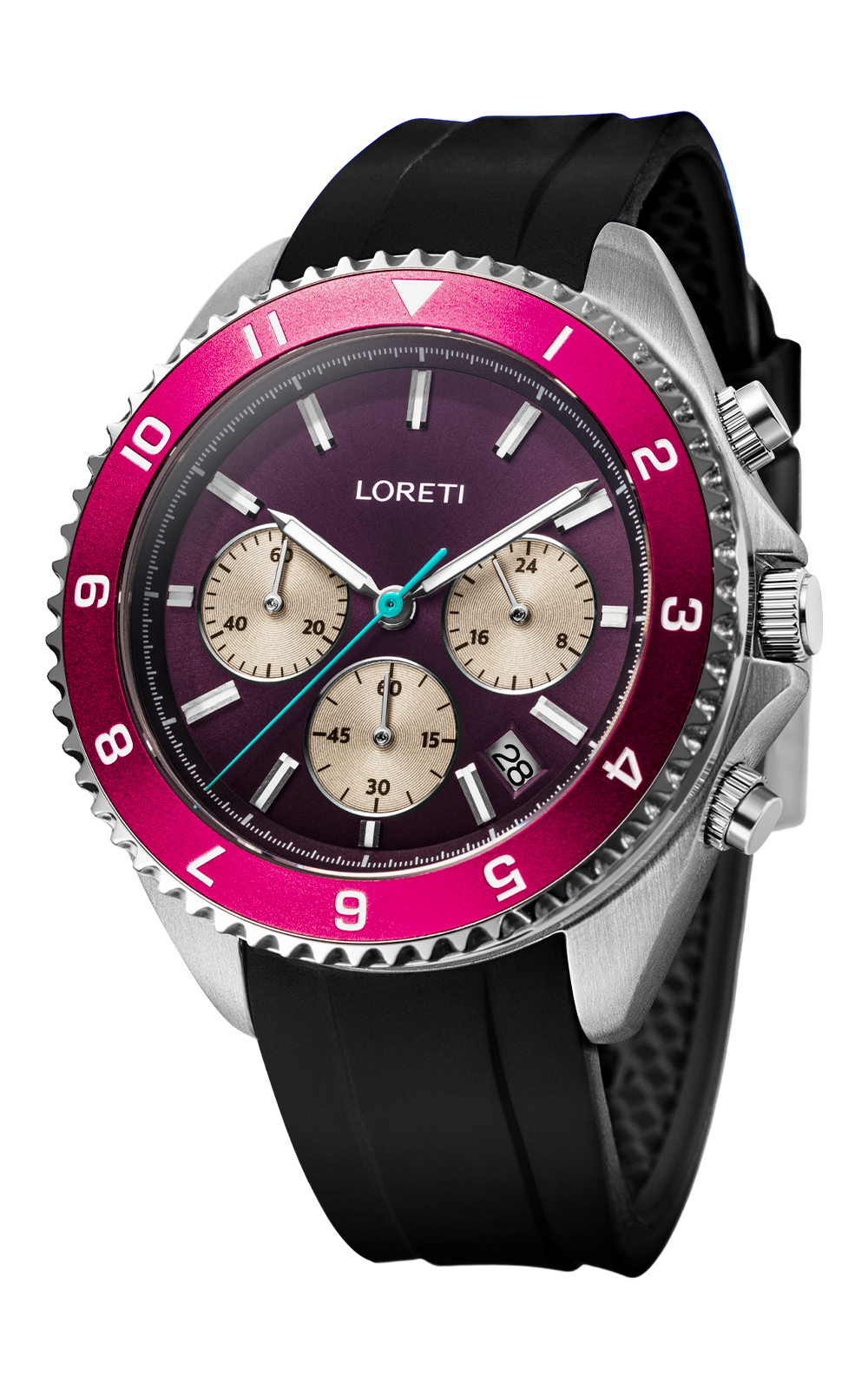 Ascari Mexico chronograph angled view on the black rubber strap