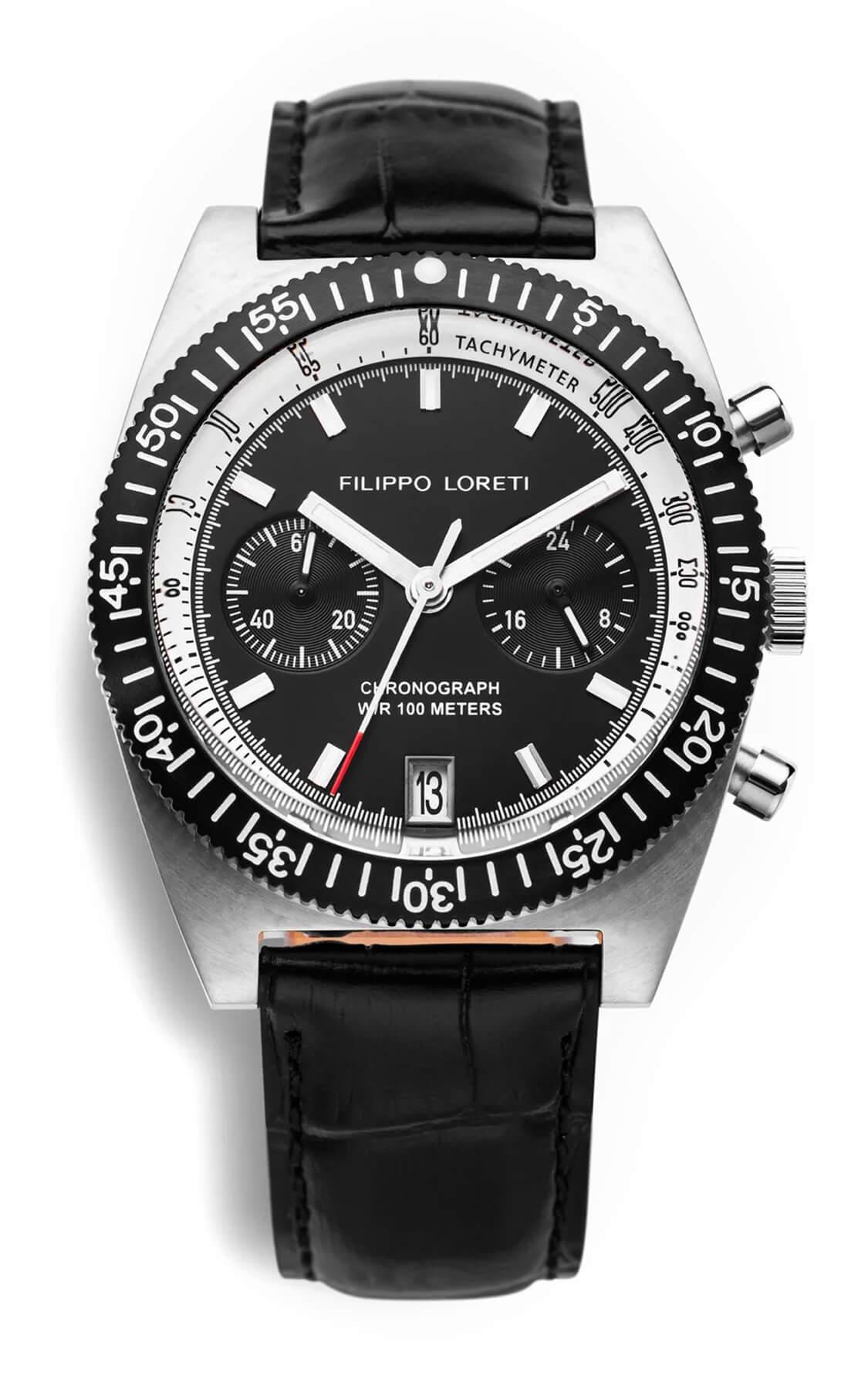 Parabolica 81 Silver All Black front view, tachymeter bezel
