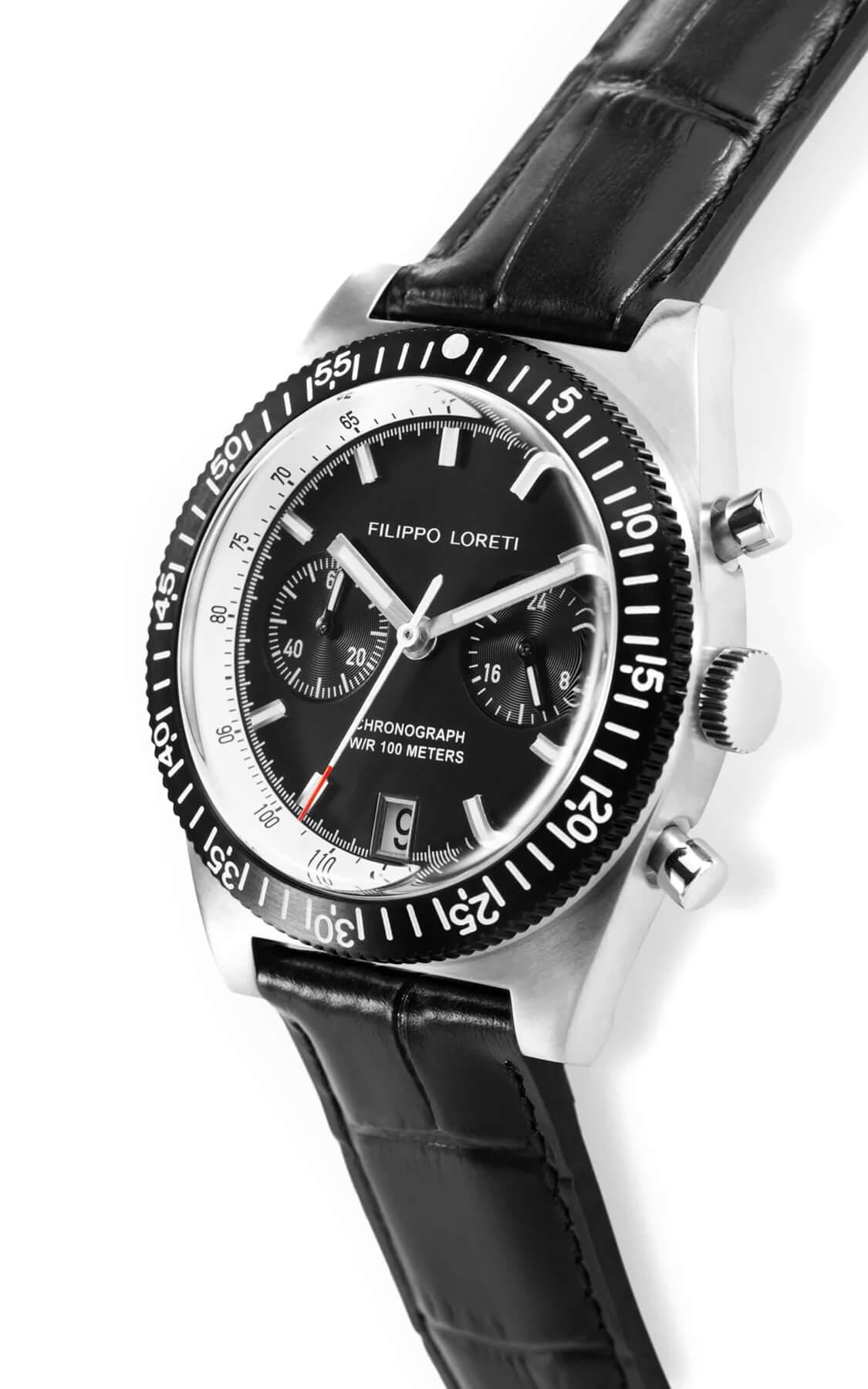 Parabolica 81 Silver All Black angled view, steel case and leather strap