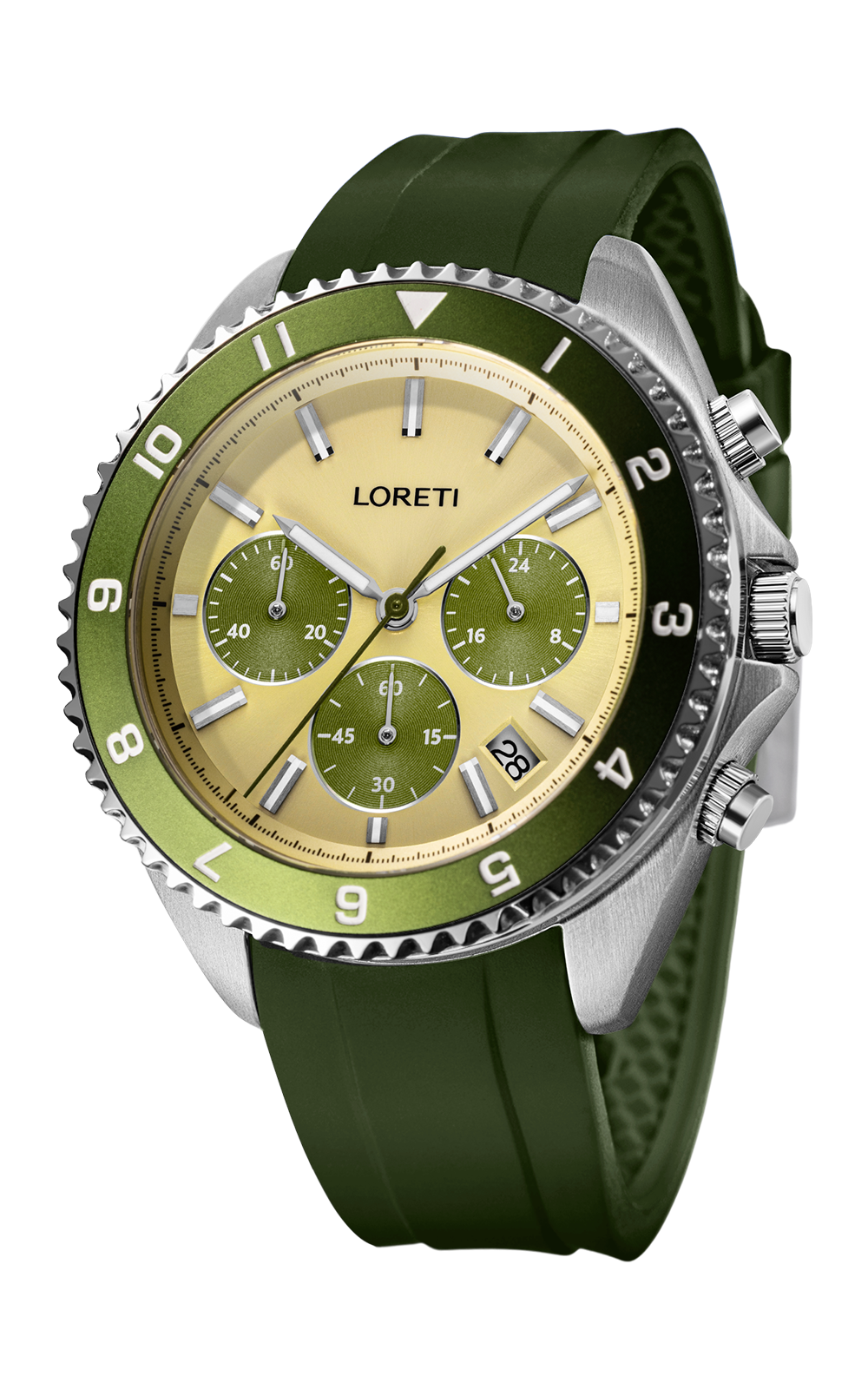 Ascari Tuscany chronograph angled view on the olive green rubber strap