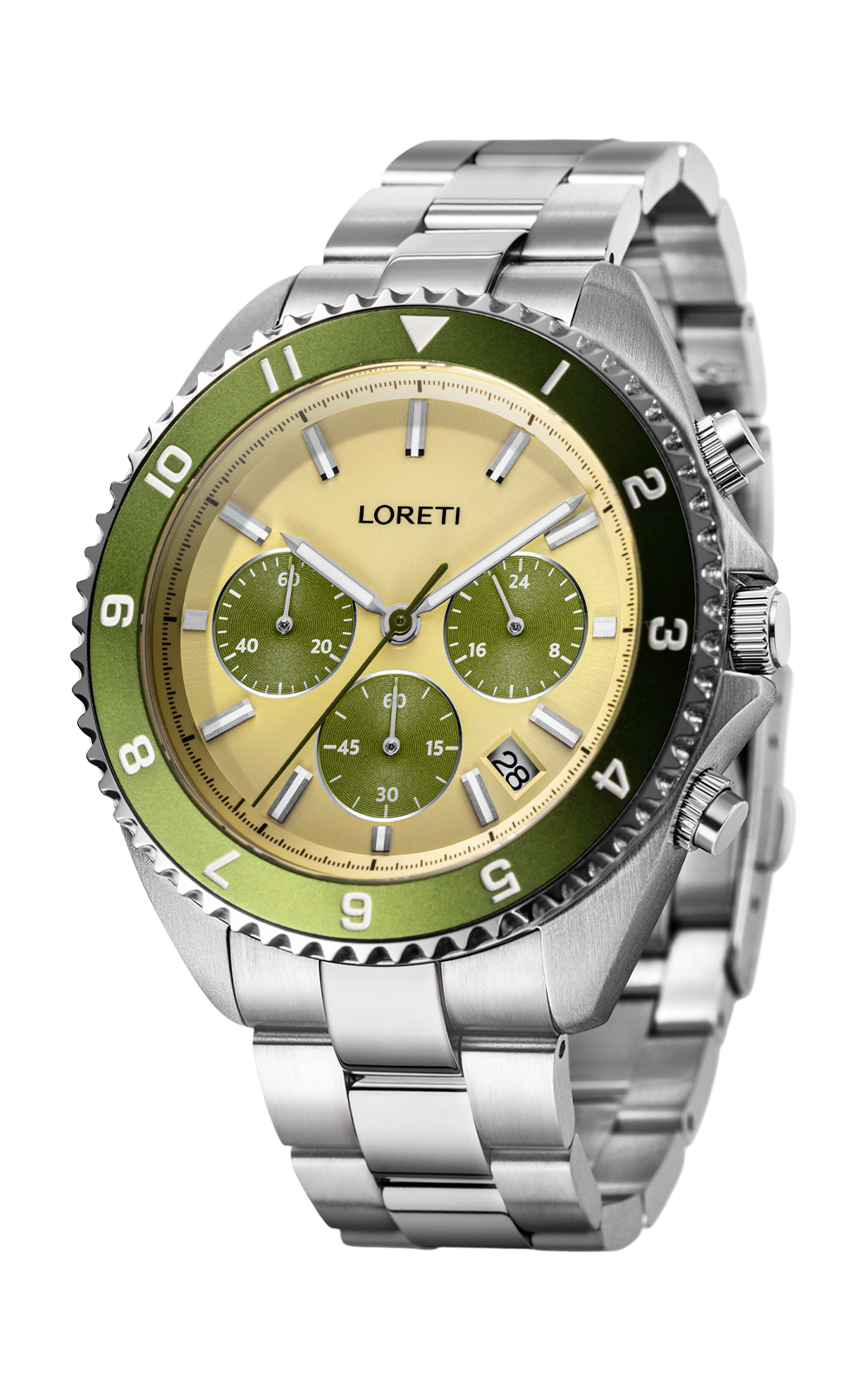 Ascari Tuscany chronograph angled view on a stainless steel bracelet