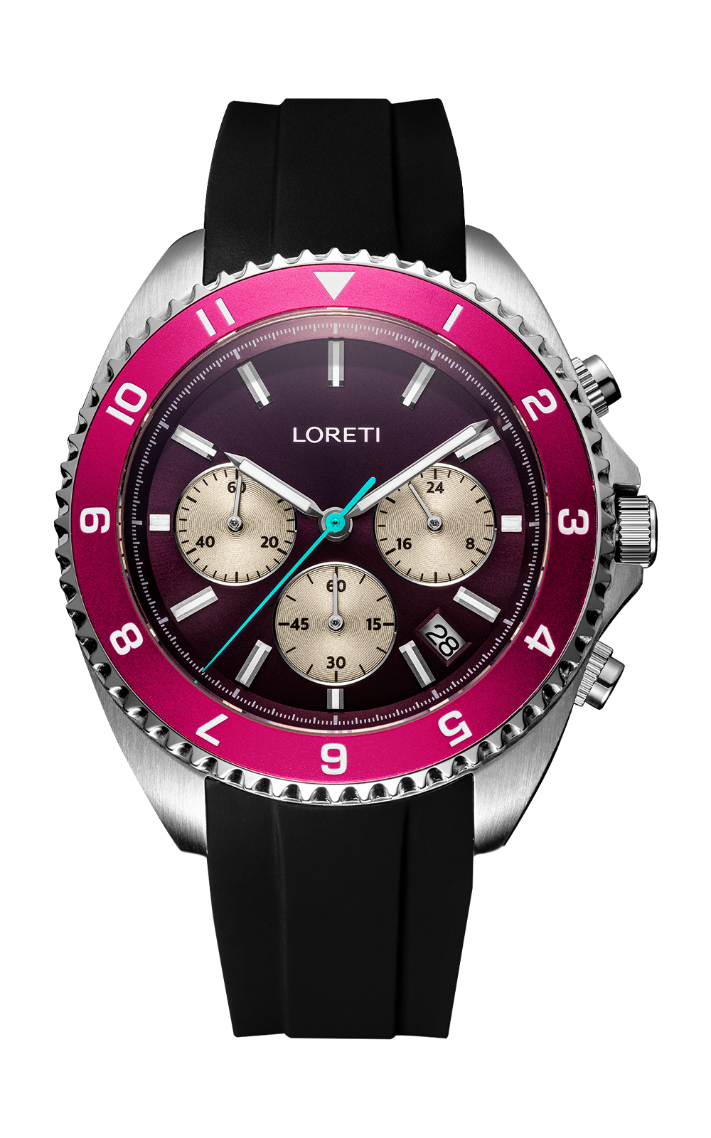 Ascari Mexico chronograph front view on the black rubber strap