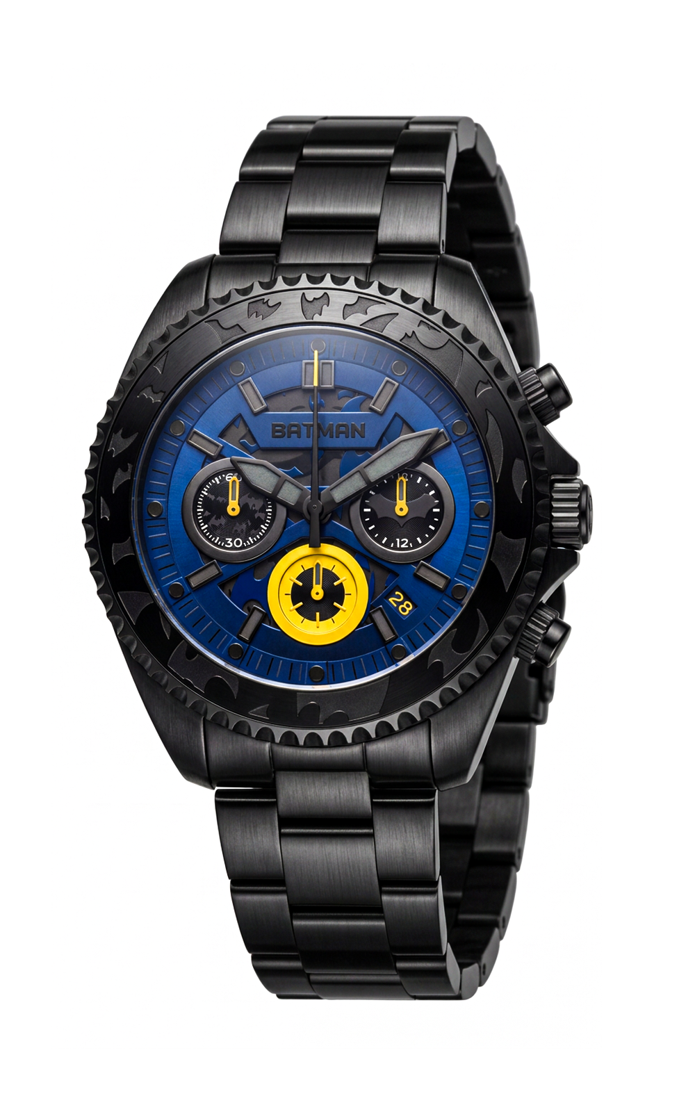 A Batman-branded chronograph watch with a black metal case and link bracelet, featuring a vibrant blue dial with three subdials and a bright yellow accent at the bottom.