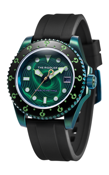 The Riddler watch angled view, green IP steel case