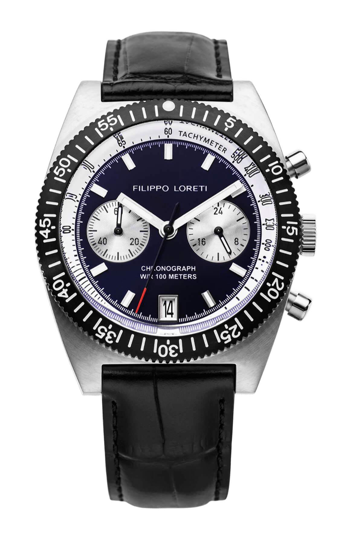 Parabolica 81 Navy & White front view, navy dial with white subdials on a black leather strap