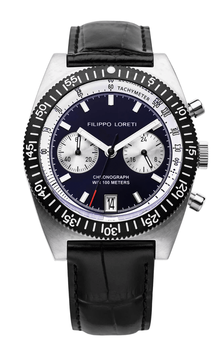 Parabolica 81 Navy & White front view, navy dial with white subdials on a black leather strap