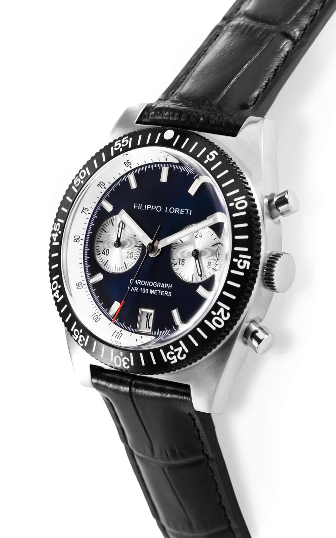 Parabolica 81 Navy & White angled view, steel case and leather strap