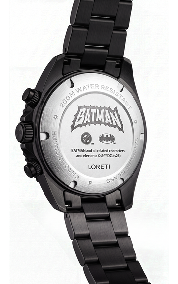 Loreti Batman watch with a black metal case and link bracelet, showing the brushed silver back case engraved with the Batman logo and text.