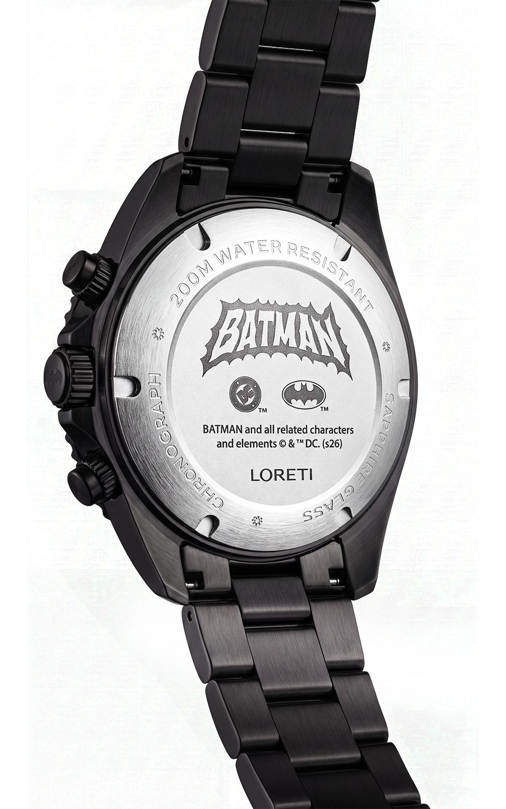 Loreti Batman watch with a black metal case and link bracelet, showing the brushed silver back case engraved with the Batman logo and text.