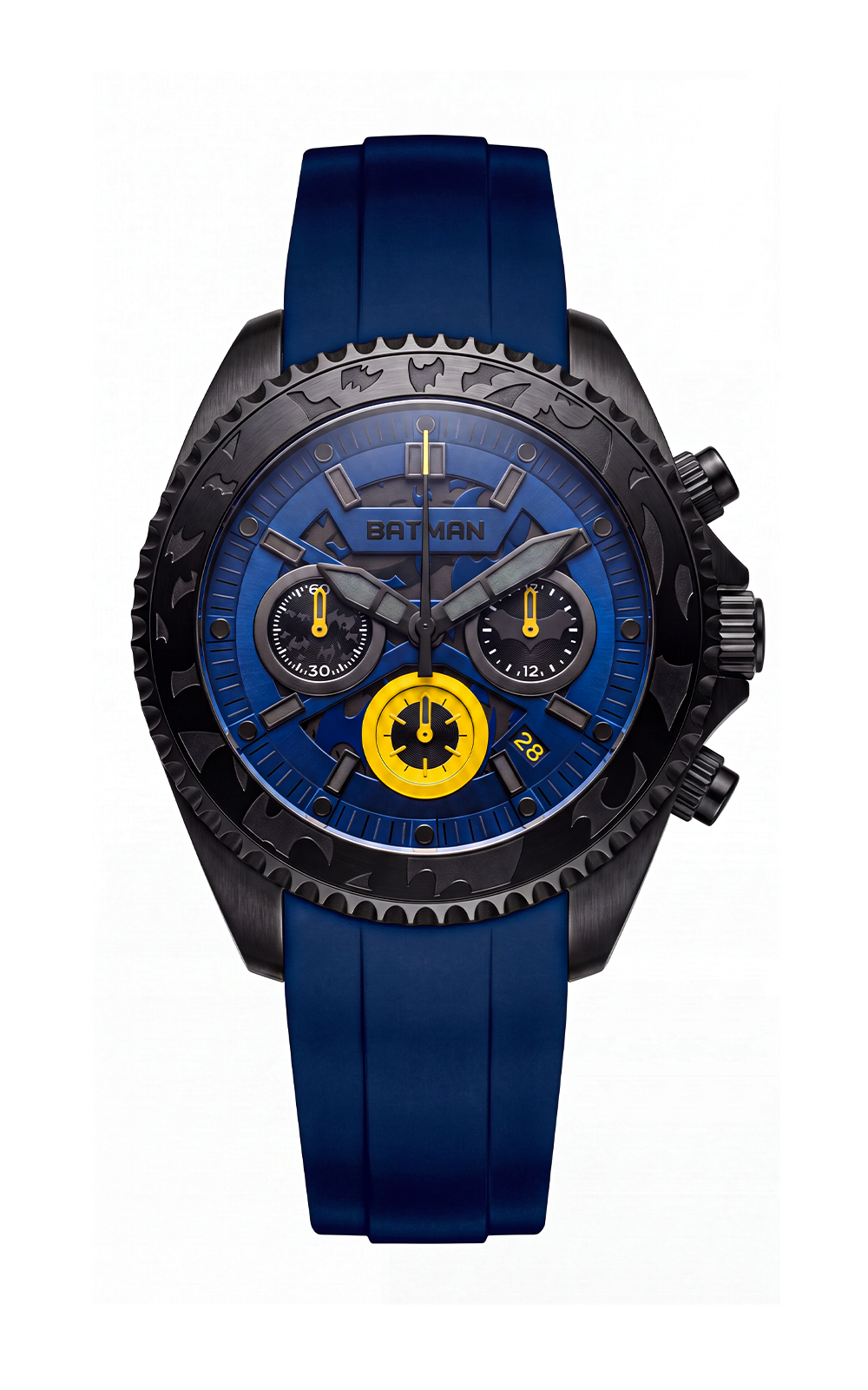 A Batman-branded chronograph watch with a black case, blue dial, and blue rubber strap, featuring yellow accents on the watch face.