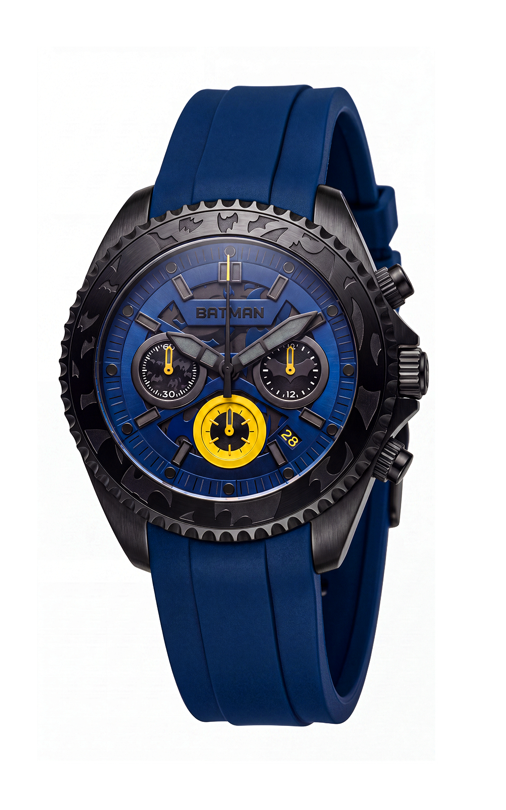 A Batman-themed chronograph watch with a blue silicone strap, a black bezel, and a blue dial featuring yellow accents and the Batman logo.