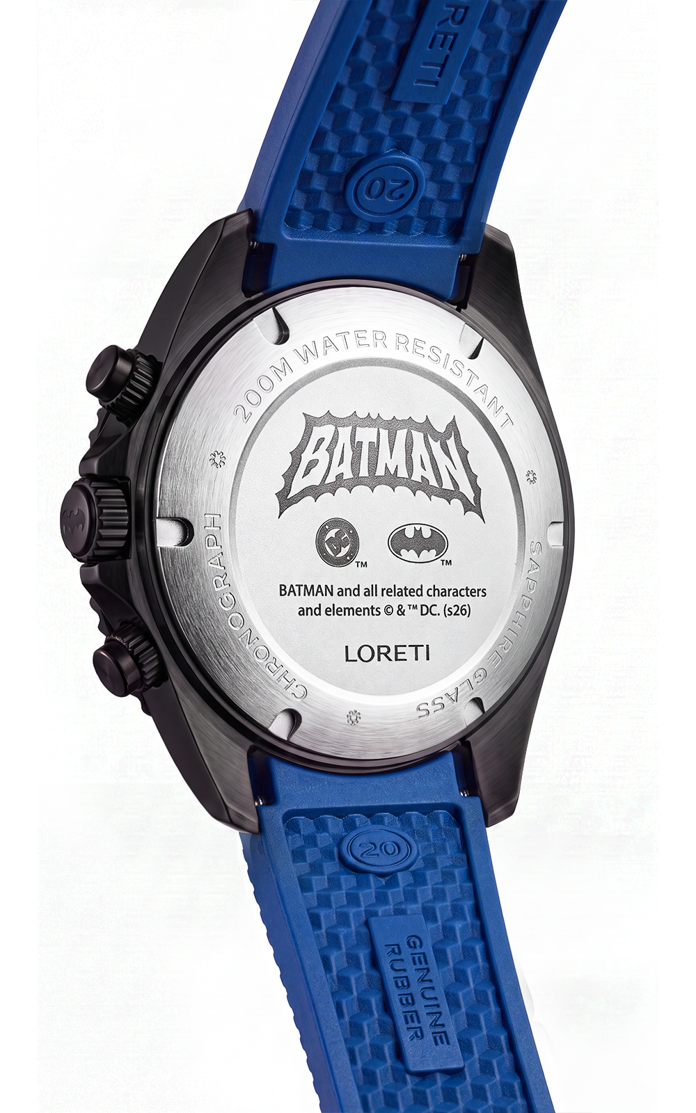 Loreti Batman watch with a textured blue rubber strap and a black case, showing the back case glass engraved with &