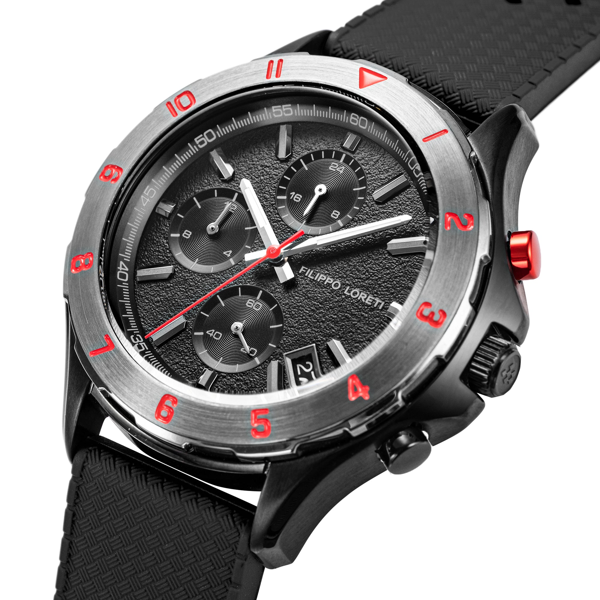 Close angled view of the Pista Midnight Racer dial and bezel