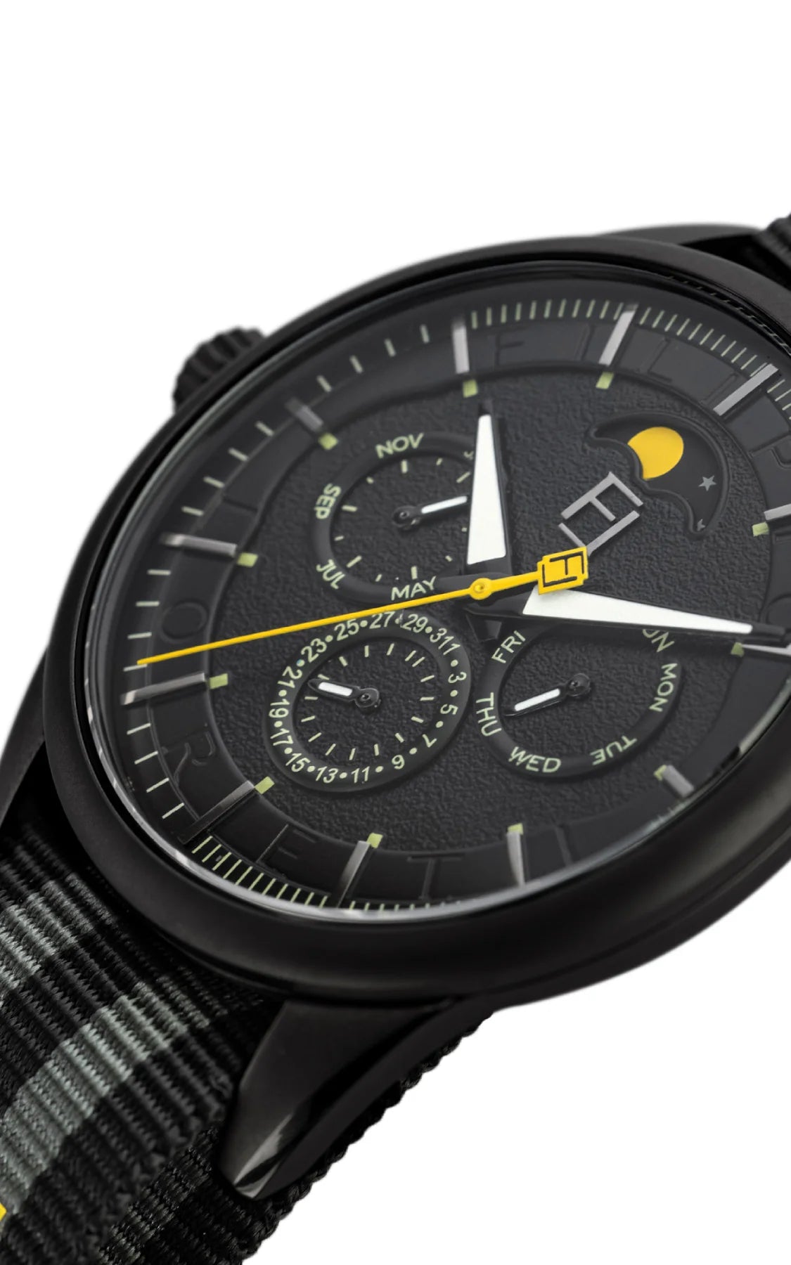 Close angled view of the Fase Lunare NightRay dial