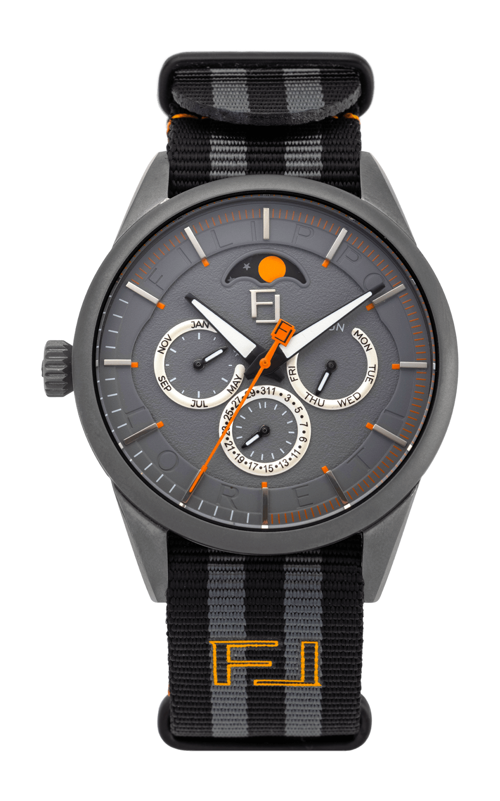 Fase Lunare Eclipse front view, grey moonphase dial on a striped NATO strap
