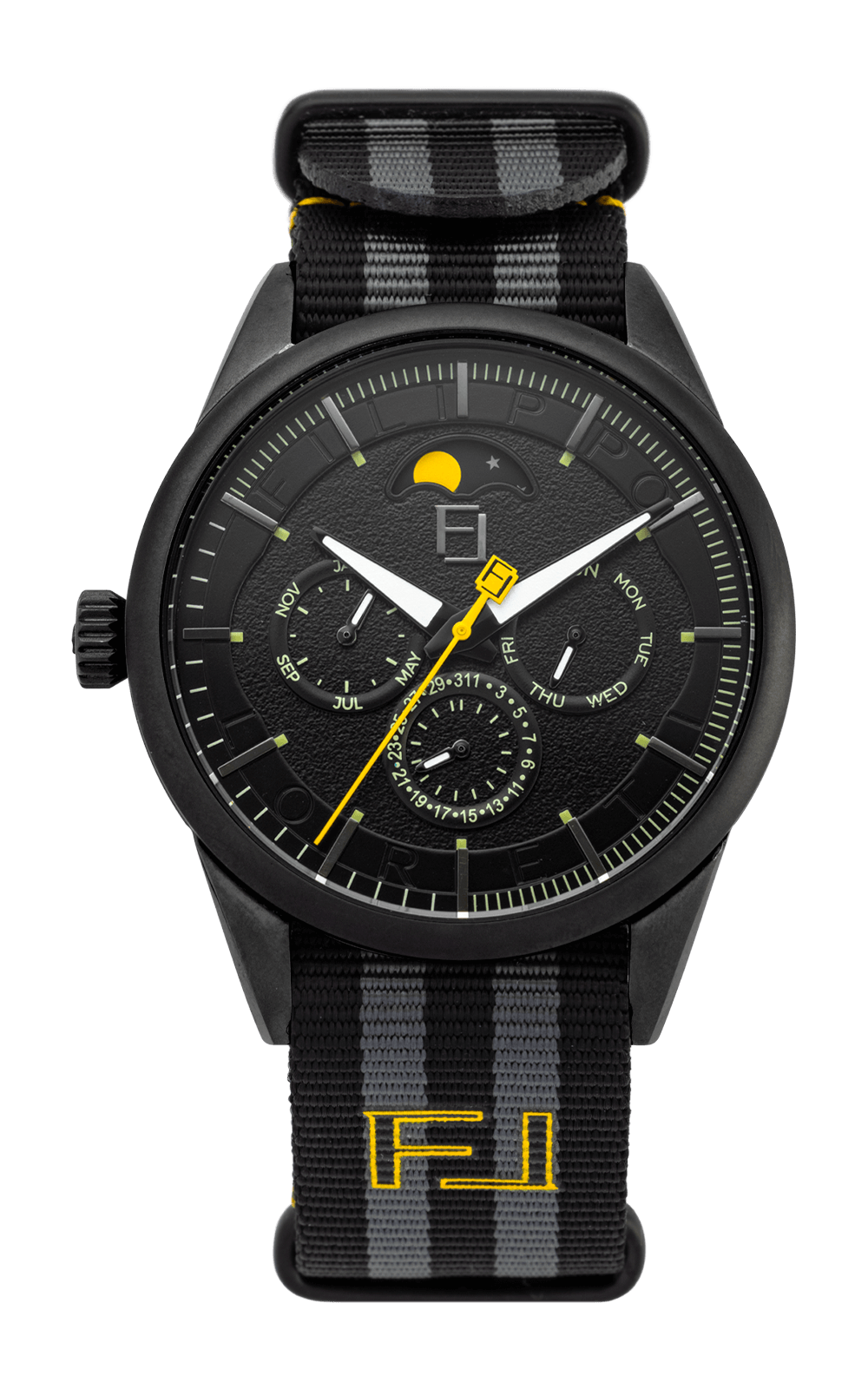 Fase Lunare NightRay front view, black moonphase dial with yellow accents on a NATO strap