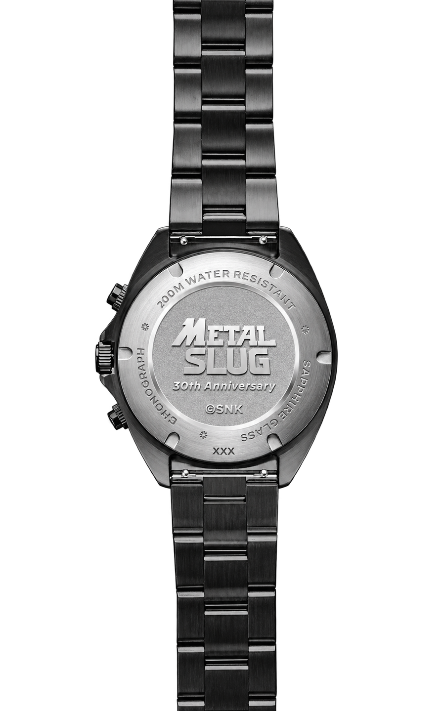 Metal Slug Jungle Raid on black steel bracelet, caseback view