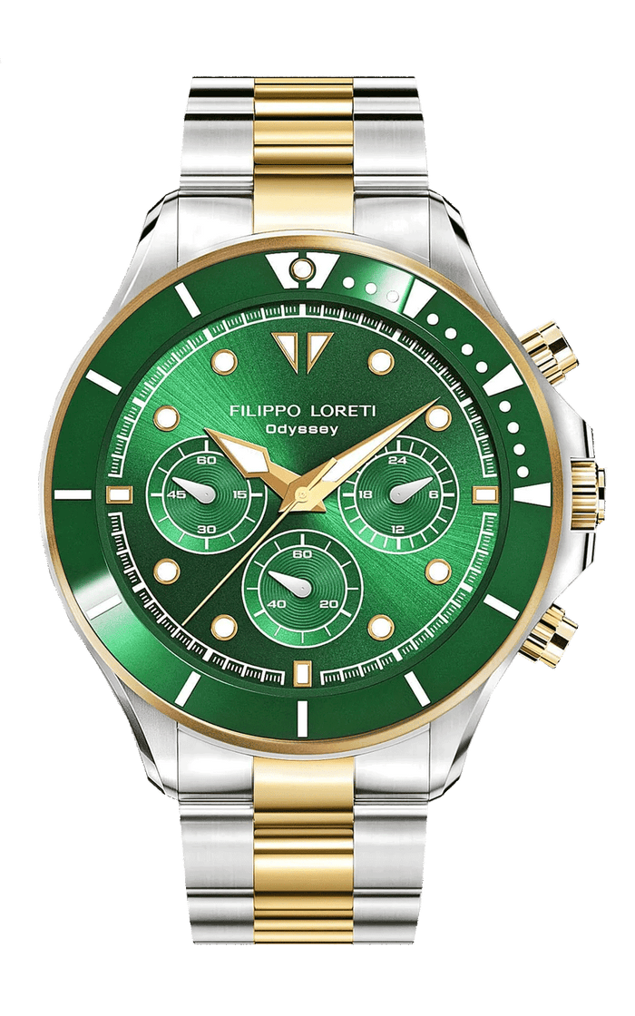 Odyssey Two Tone Green front view, green dial and bezel on a two-tone steel and gold bracelet