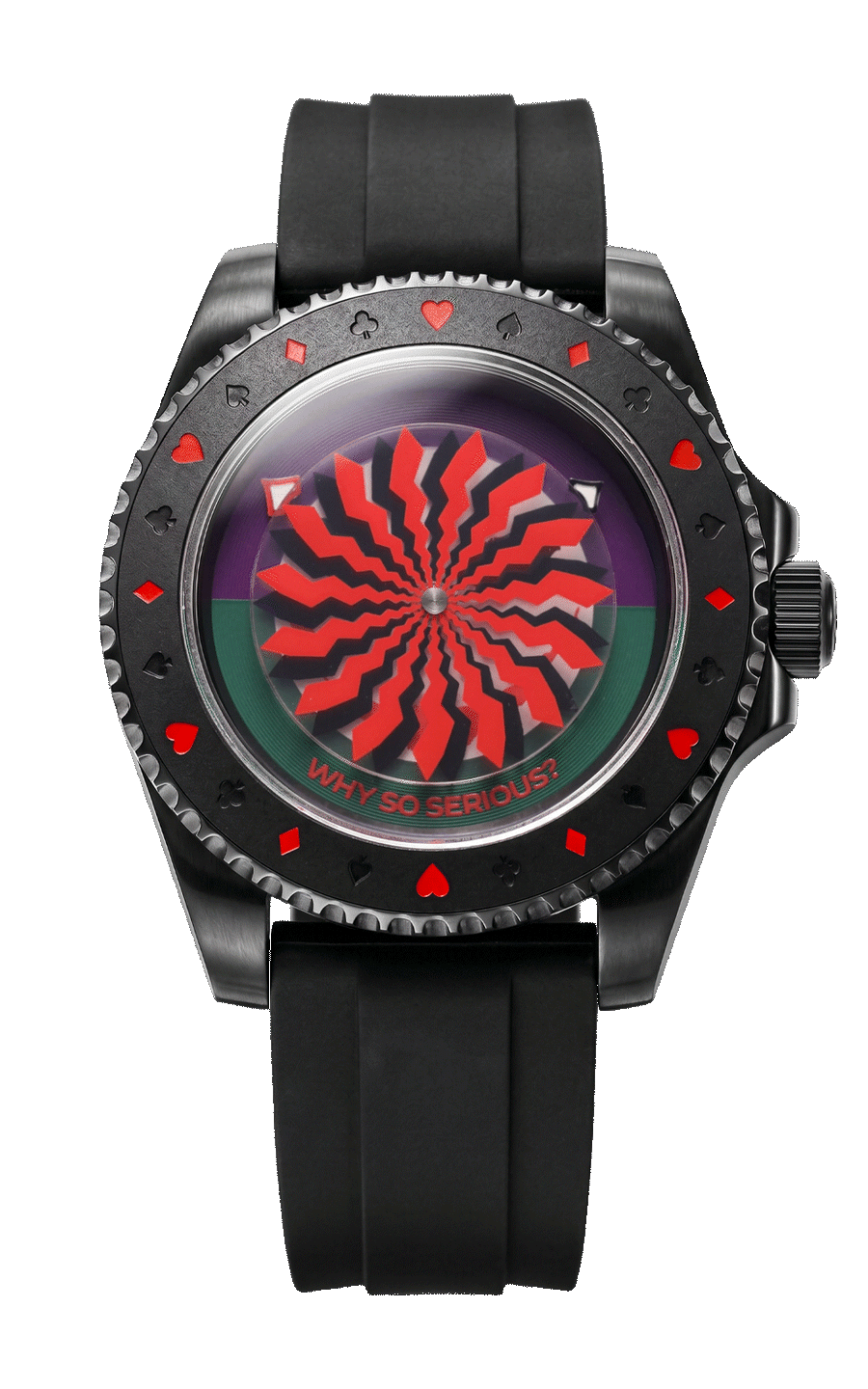 The Joker Madness rotating view, red 3D spiral dial on a black silicone strap