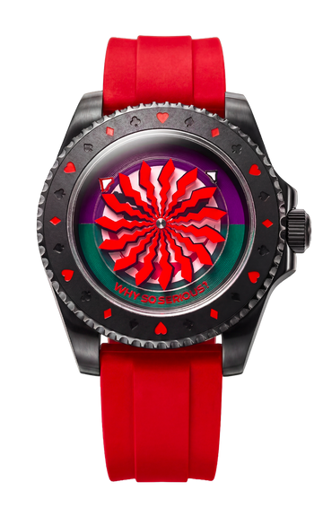 The Joker Madness front view on a red silicone strap