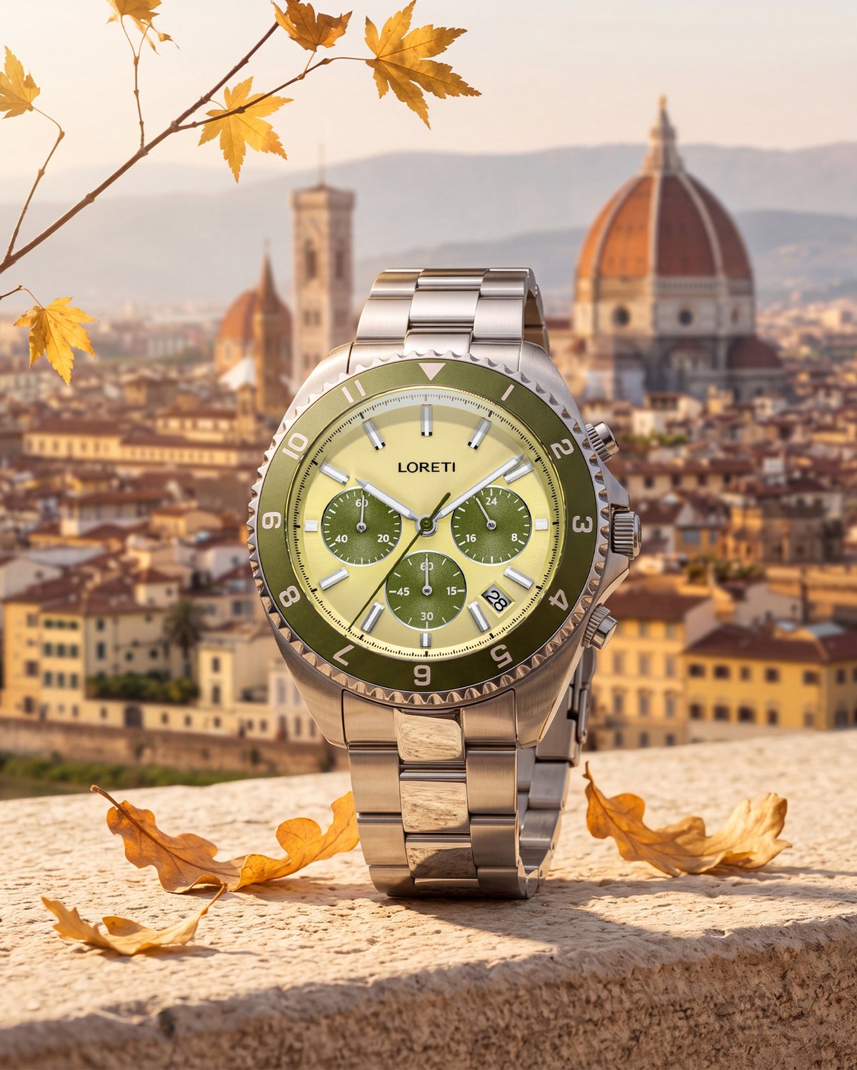 Autumn leaves drift across the Arno. Brunelleschi's dome catches the last light, the jewellers of Ponte Vecchio close their wooden shutters, while beyond Florence, rolling hills, olive groves and winding roads glow in the Tuscan sun. An olive green and champagne chronograph inspired by Florence's elegance and the warmth of Tuscany in autumn. For the moments you wish would last a little longer.