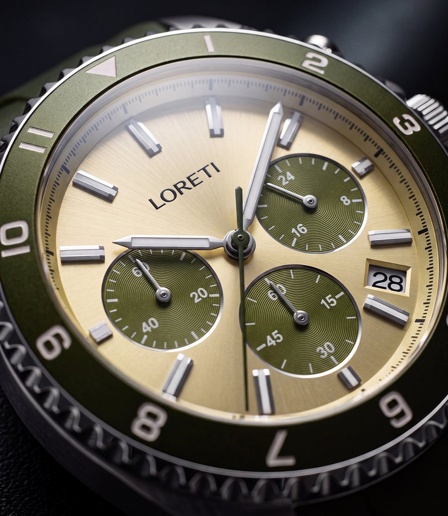 Close-up of the Ascari Florence dial: champagne sunray finish, olive subdials and faceted steel indices