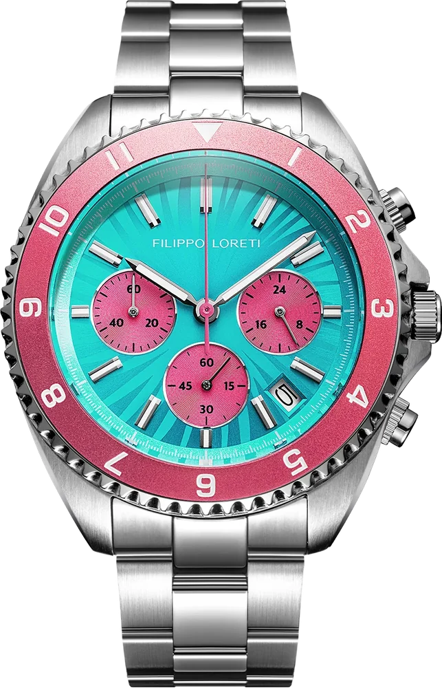 Ascari Miami with pink bezel and turquoise sunburst dial
