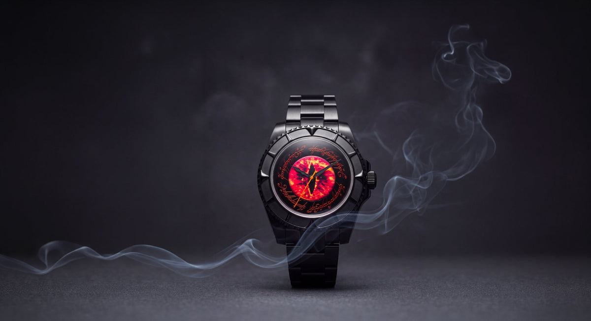 The Saruman watch on its black steel bracelet, the white staff dial ringed by gold Elvish script, standing in drifting smoke
