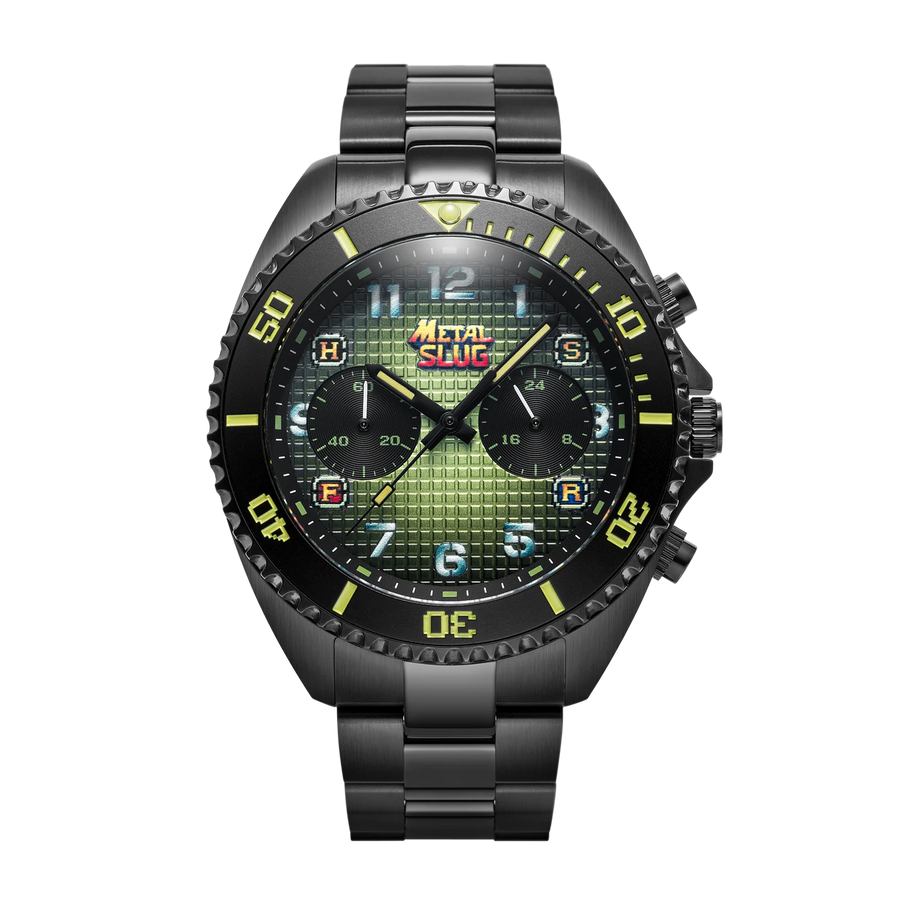 Metal Slug Jungle Raid on black steel bracelet, front view