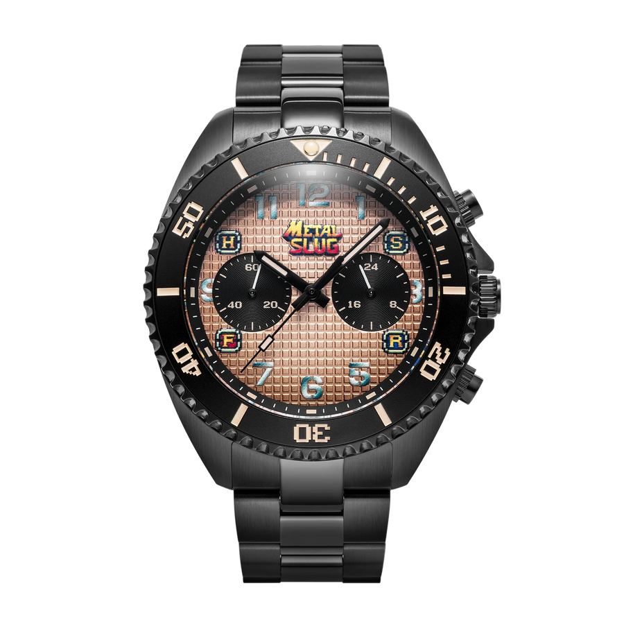 Metal Slug Desert Raid on black steel bracelet, front view
