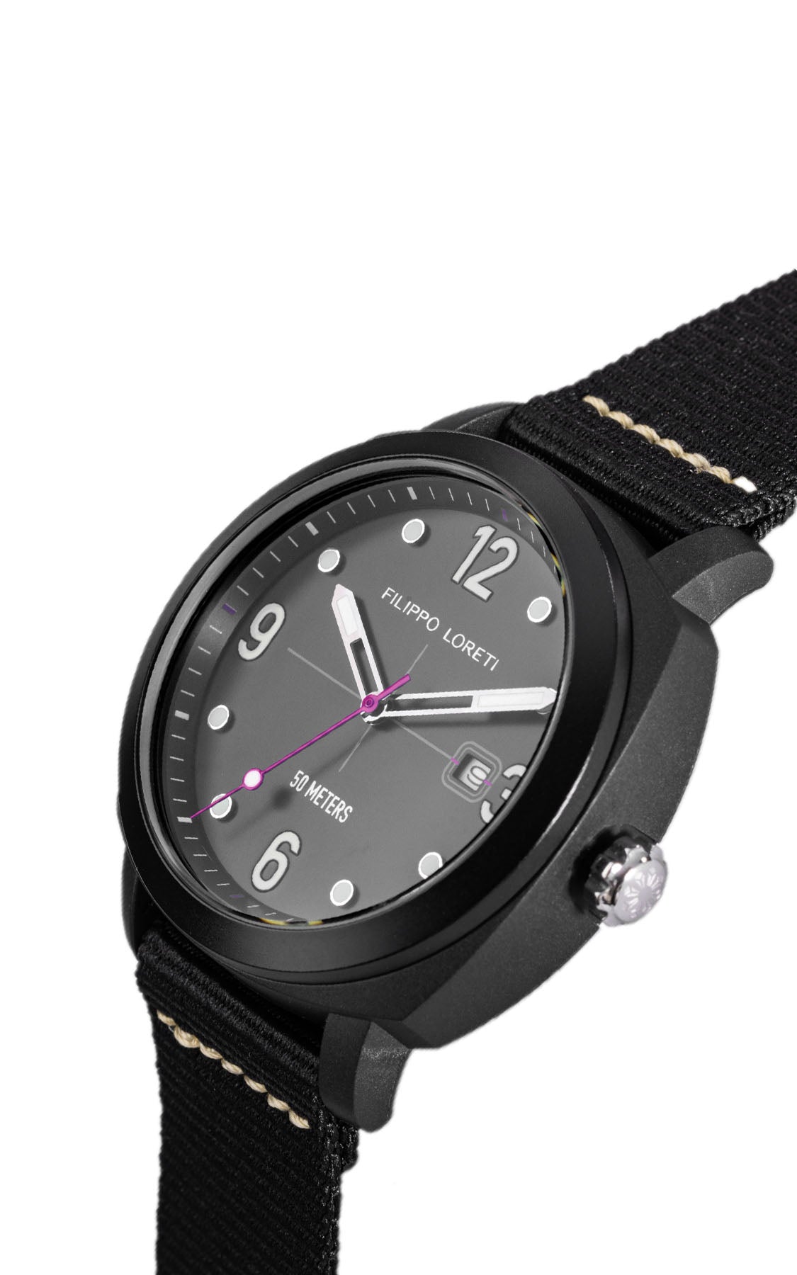 Ocean Timer Black angled view, recycled nylon strap