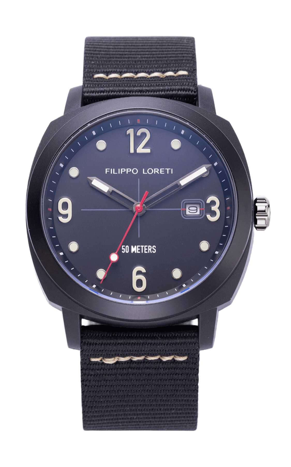 Ocean Timer Black front view, black dial in a black ocean plastic case on a nylon strap