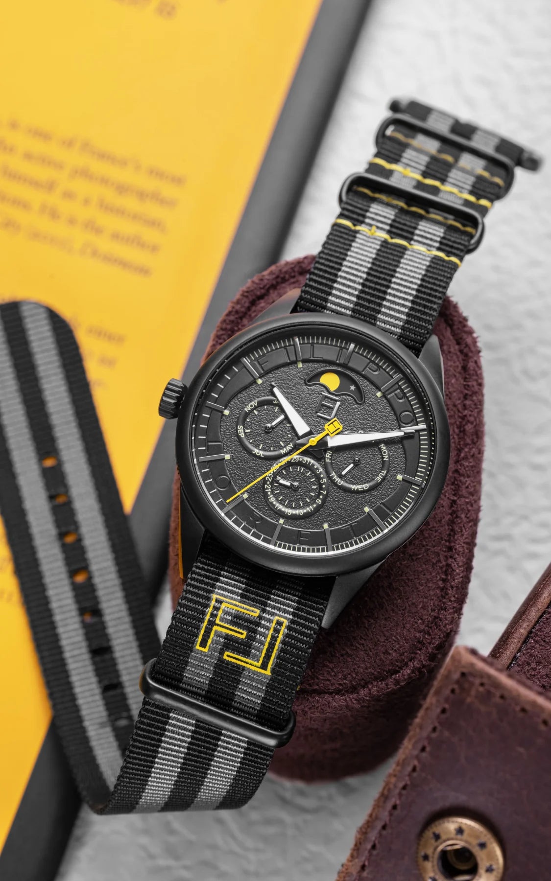 Fase Lunare NightRay with leather accessories, lifestyle shot