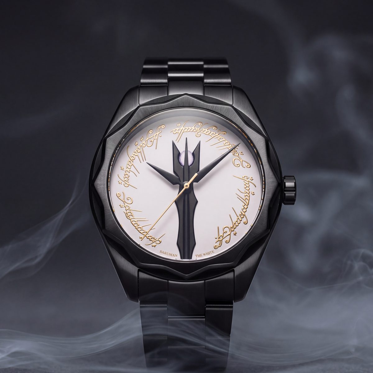The Saruman watch front on in drifting smoke, white dial with gold Elvish ring script and a black staff