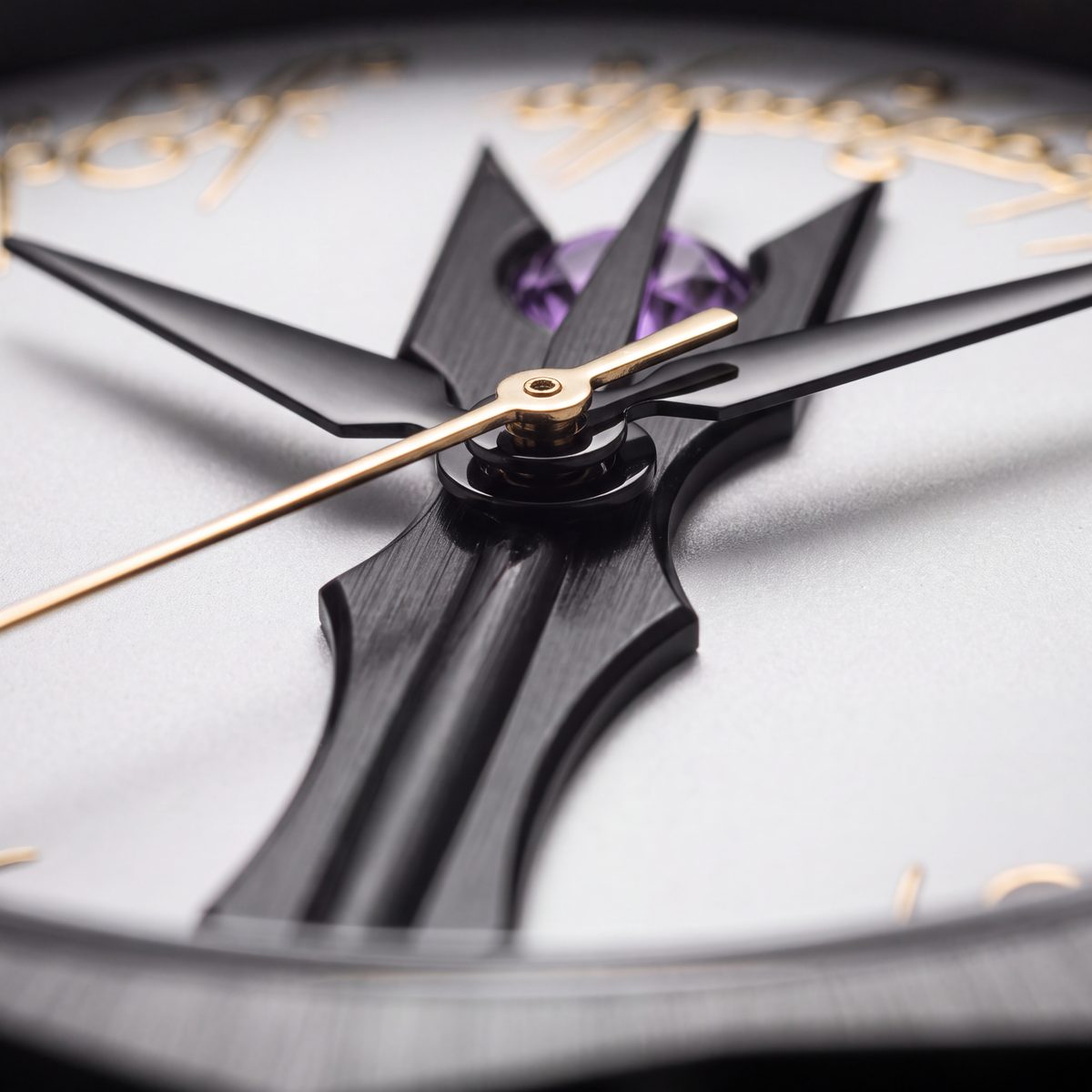 Extreme close-up of the Saruman hands and the amethyst at the centre of the dial