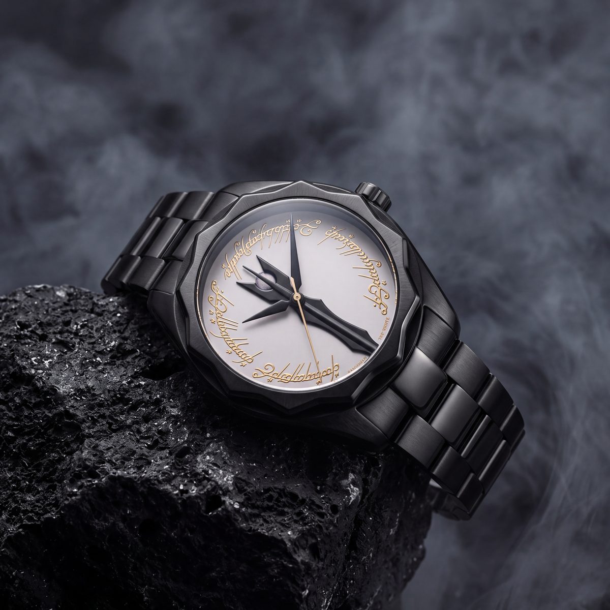 The Saruman watch resting at an angle on black volcanic rock