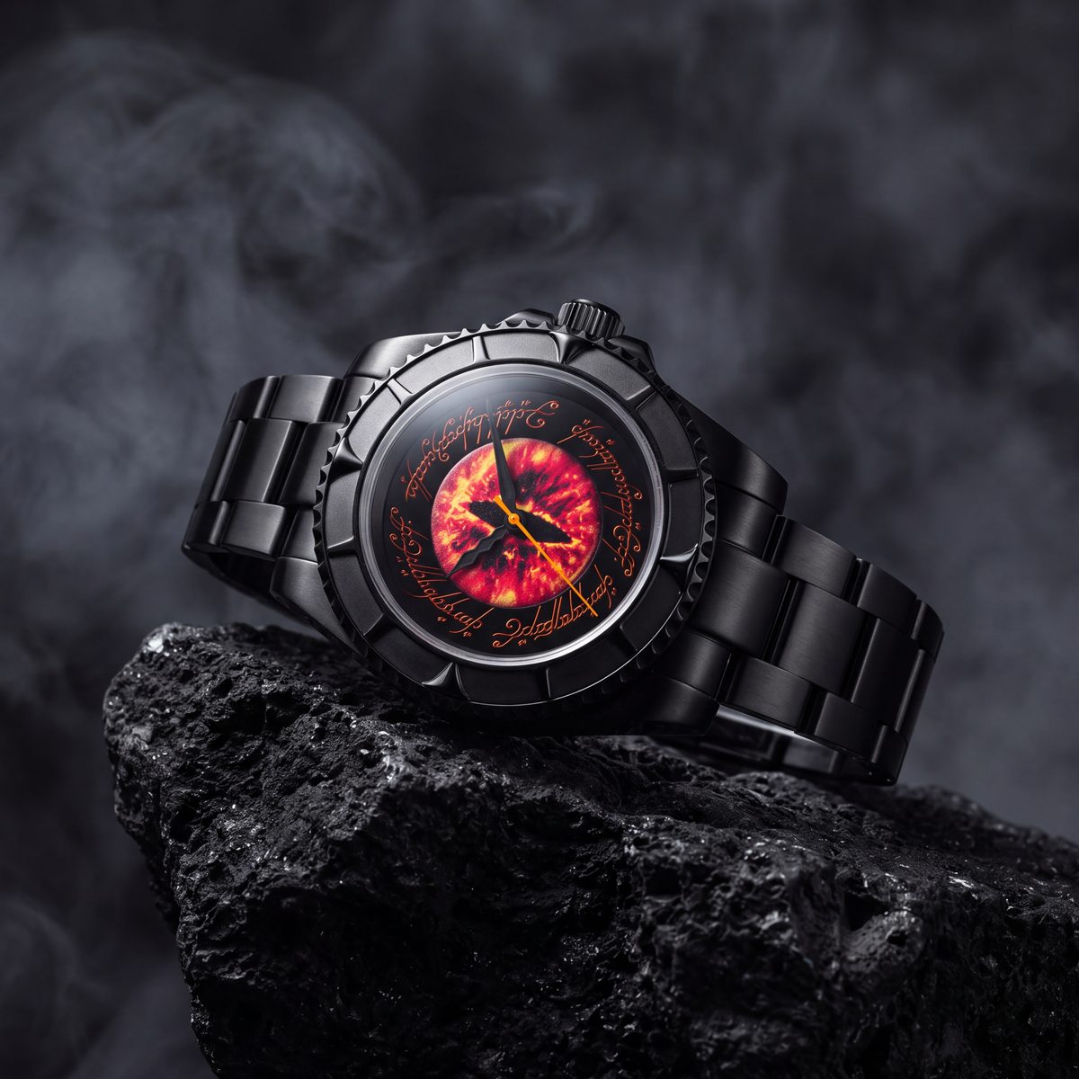 The Sauron watch resting at an angle on black volcanic rock, the burning Eye dial ringed by orange Elvish script