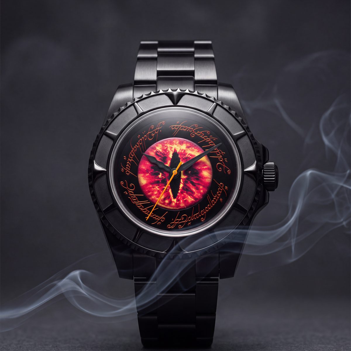The Sauron watch front on in drifting smoke
