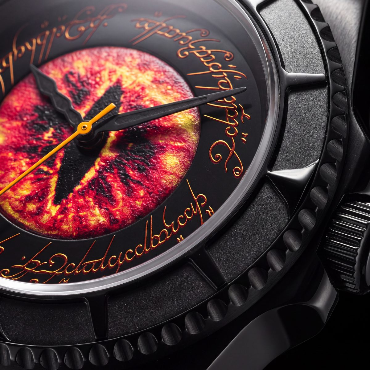 Close-up of the Sauron dial at an angle, the burning Eye beside the coin-edge bezel and crown